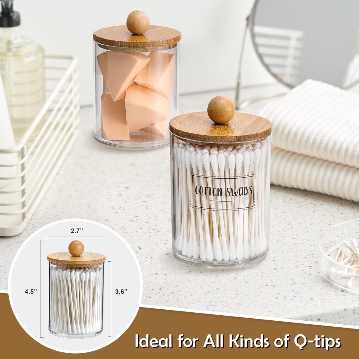4 Pack Qtip Holder Dispenser with Bamboo Lids - 10 oz Clear Plastic Apothecary Jar Containers for Vanity Makeup Organizer Storage - Bathroom Accessories Set for Cotton Swab, Ball, Pads, Floss - Homesidy.com