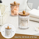4 Pack Qtip Holder Dispenser with Bamboo Lids - 10 oz Clear Plastic Apothecary Jar Containers for Vanity Makeup Organizer Storage - Bathroom Accessories Set for Cotton Swab, Ball, Pads, Floss - Homesidy.com