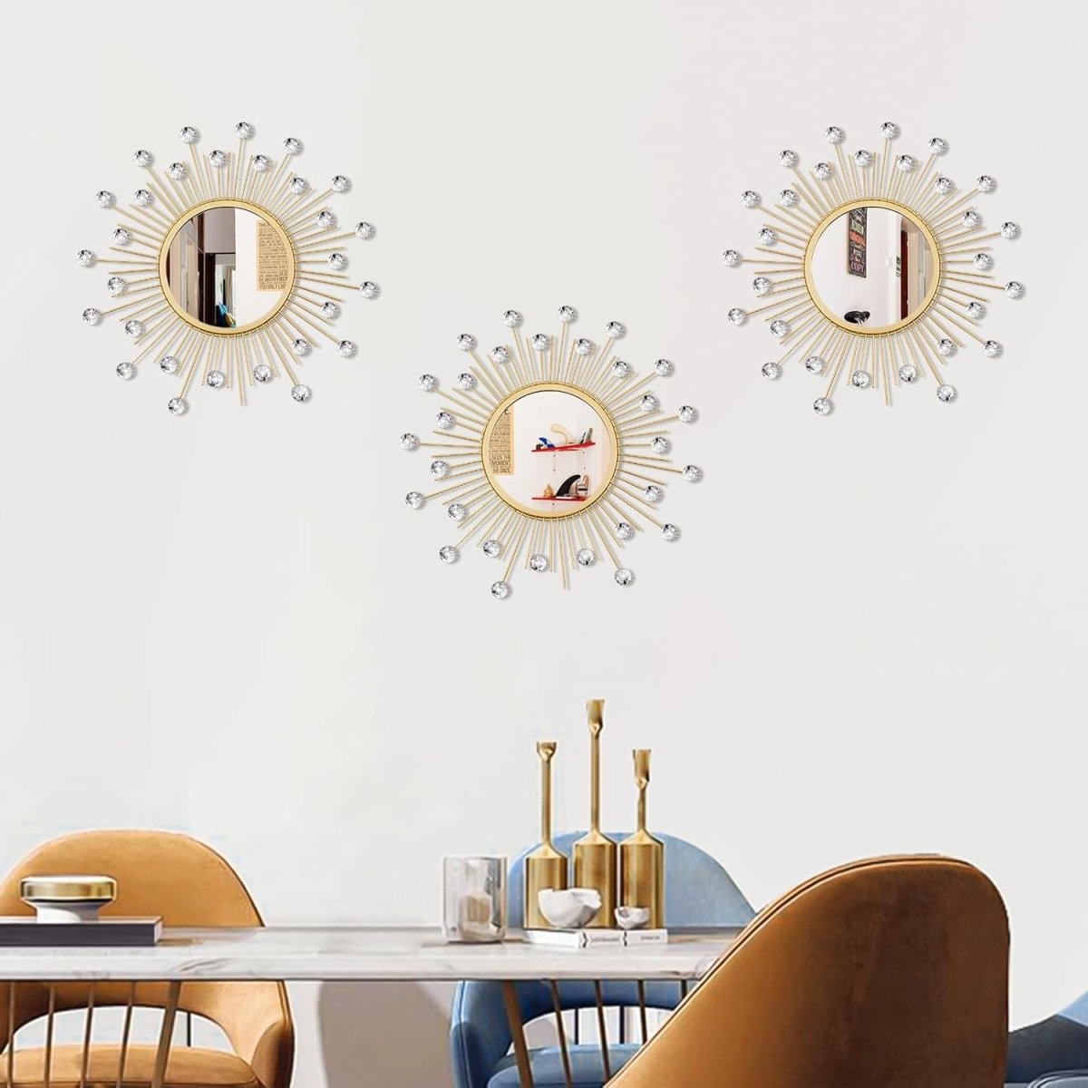3 Pack Metal Mirrors for Wall Sunburst Wall Mirrors Home Décor Decorative Hanging Wall Art for Living Room Bedroom Entryway (Gold, Flower Sunburst) - Homesidy.com
