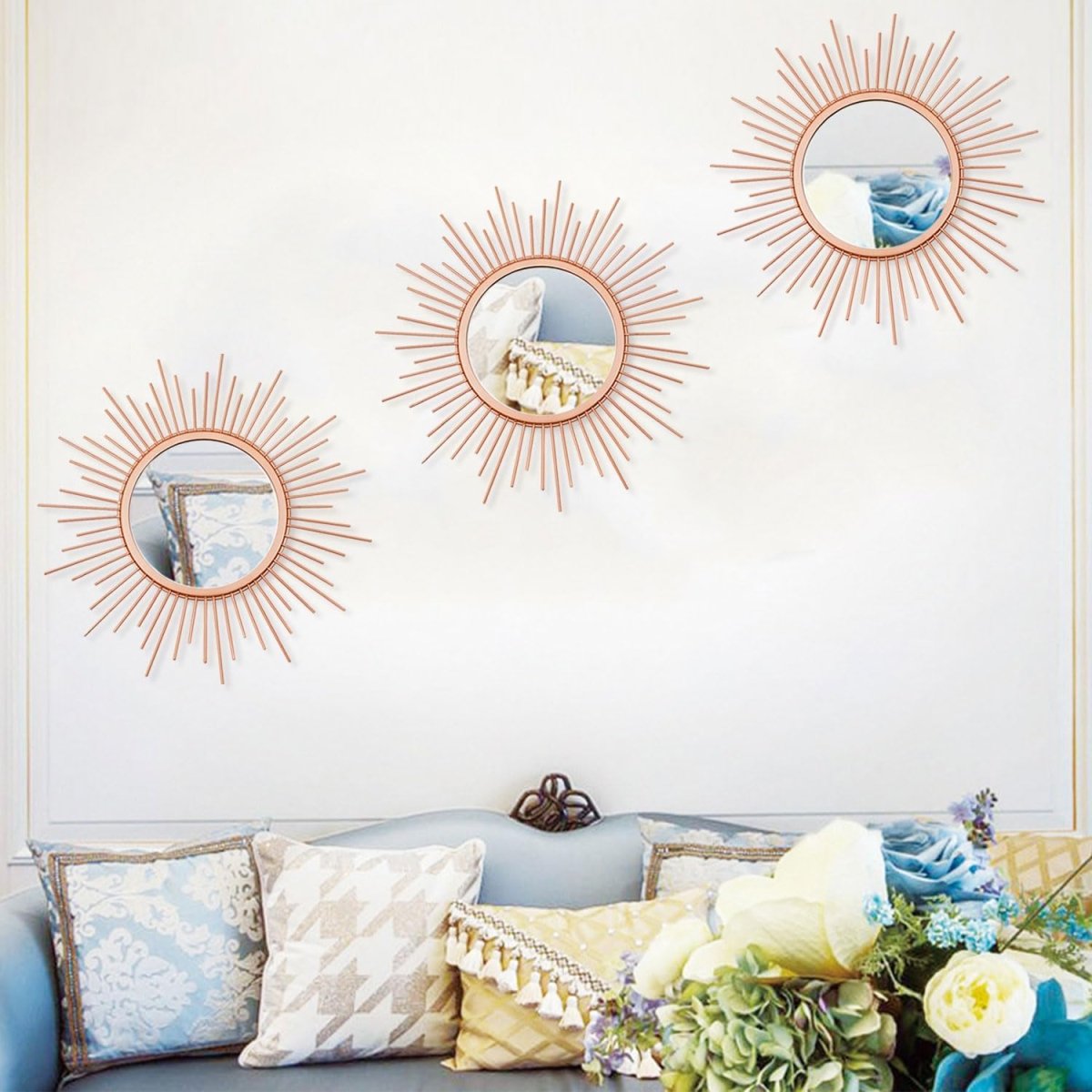 3 Pack Metal Mirrors for Wall Sunburst Wall Mirrors Home Décor Decorative Hanging Wall Art for Living Room Bedroom Entryway (Gold, Flower Sunburst) - Homesidy.com