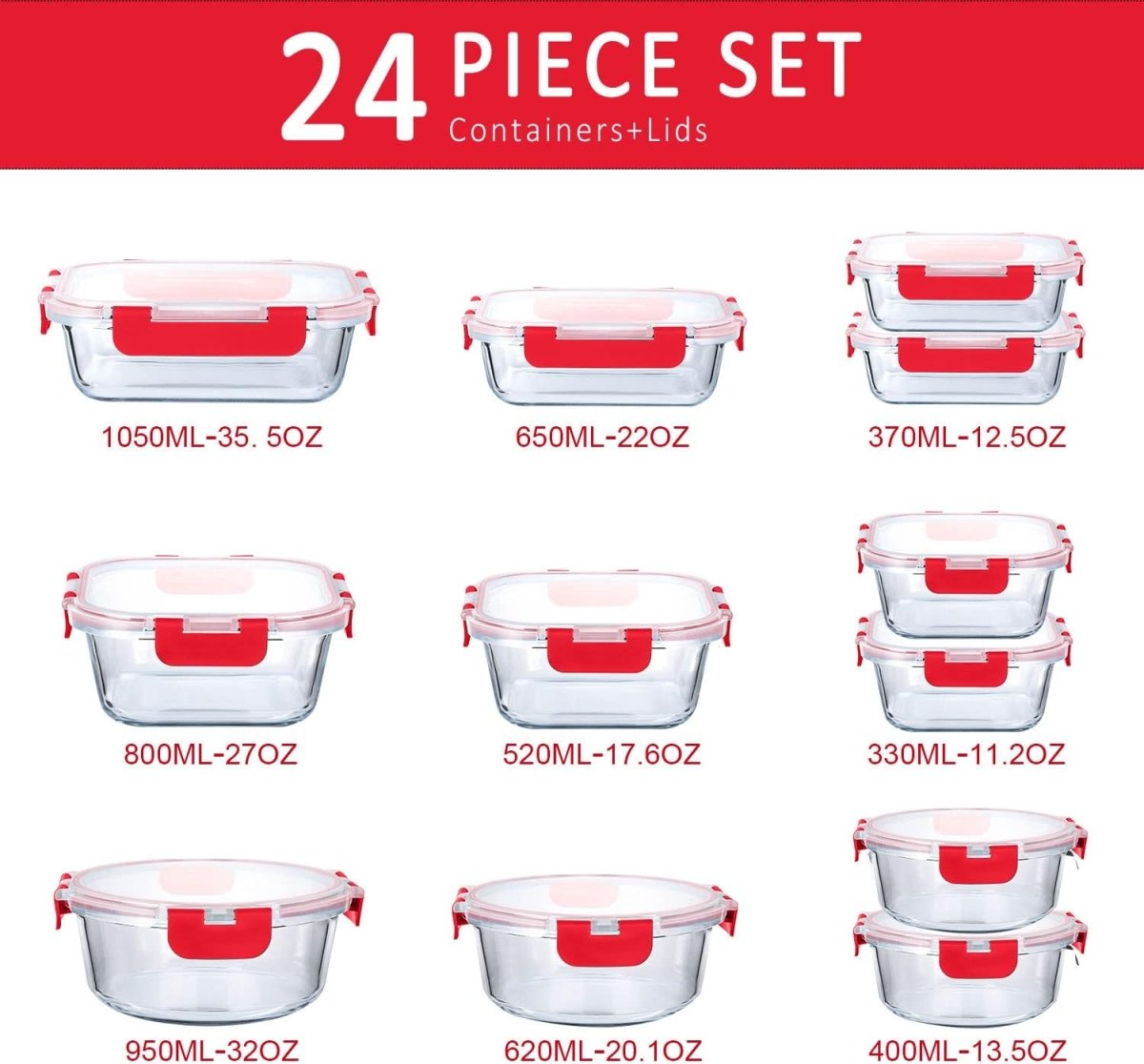 M MCIRCO 24 - Piece Glass Food Storage Containers with Upgraded Snap Locking Lids,Glass Meal Prep Containers Set - Airtight Lunch Containers, Microwave, Oven, Freezer and Dishwasher - Homesidy.com