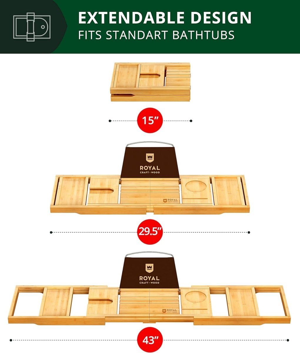 ROYAL CRAFT WOOD Bathtub Tray Caddy for Tub, Bamboo Bath Shelf, Premium Foldable Wood Bath Table, Expandable Bathtub &amp; Bathroom Accessories, New Home Gifts for Mom, Housewarming, Anniversary, Wedding - Homesidy.com