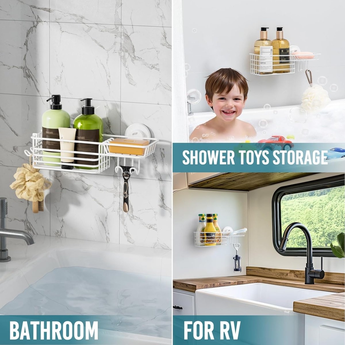 TAILI Shower Caddy Suction Cup 2 Pack with Hooks &amp; Soap holder, Heavy Duty Shower Organizer for Bathroom, No Drilling Bathroom Organizer with Large Capacity, Black Metal Storage Basket - Homesidy.com