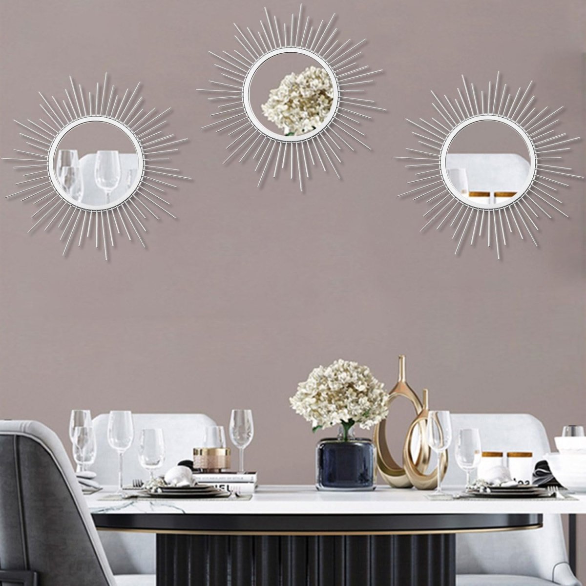 3 Pack Metal Mirrors for Wall Sunburst Wall Mirrors Home Décor Decorative Hanging Wall Art for Living Room Bedroom Entryway (Gold, Flower Sunburst) - Homesidy.com