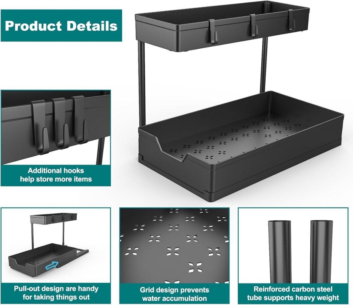 2 Pack Under Sink Organizer 2 Tier Sliding Cabinet Organizers Multi - Purpose Sink Storage Basket L - Shape Narrow Space Storage Shelves with 4 Hook for Kitchen Bathroom Drawer, Black - Homesidy.com