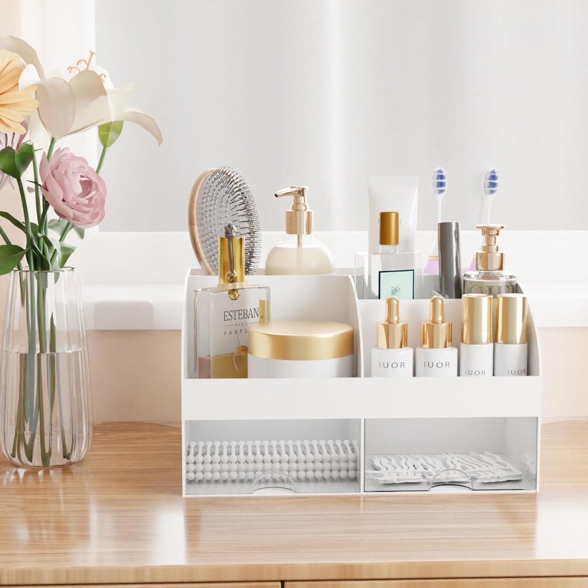 Makeup Organizer with Drawers, Cosmetic Storage for Dresser Vanity and Bathroom Countertop, Beauty Holder for Lipstick Brush, Skincare Organizer for Vanity, Cosmetic Display Case (White) - Homesidy.com