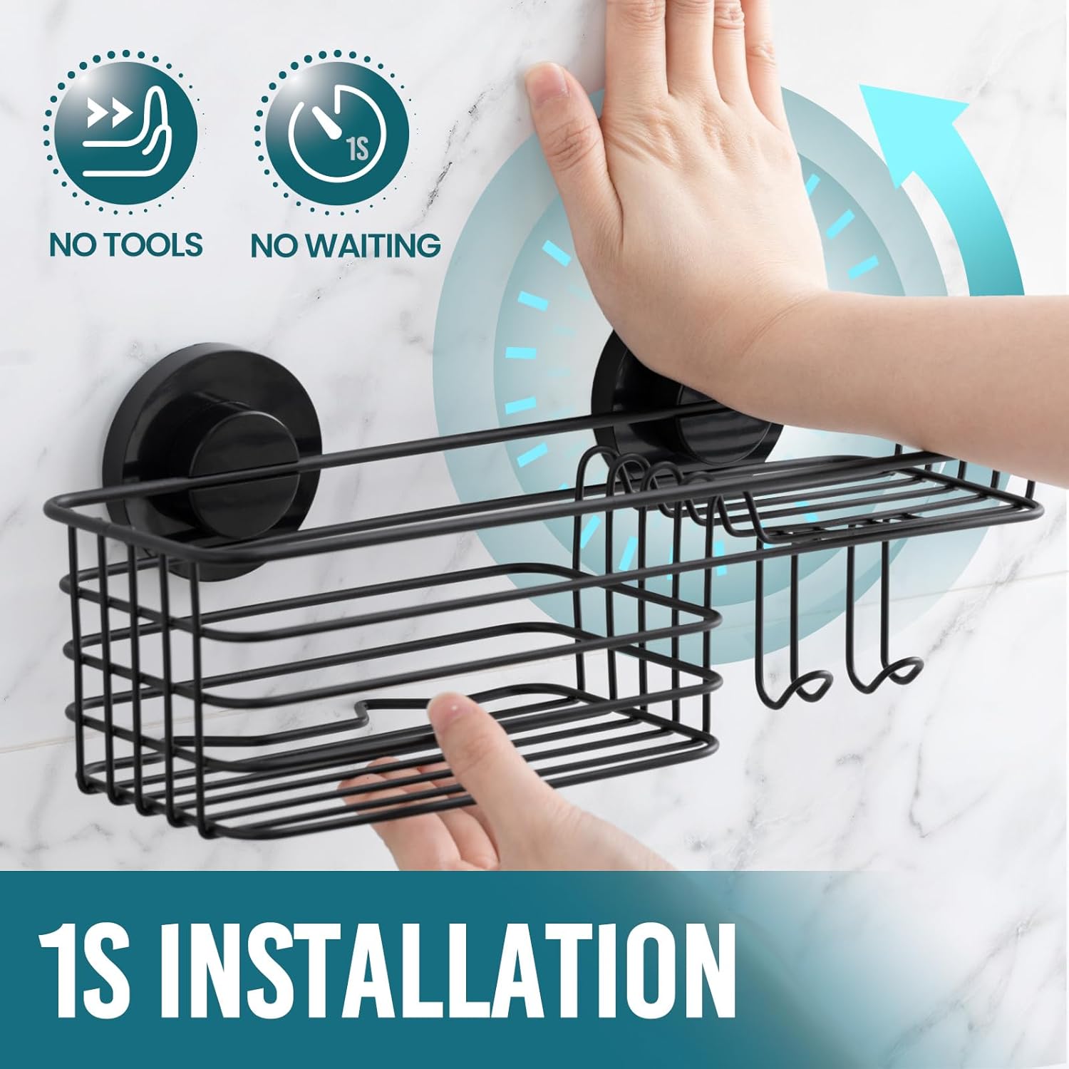 TAILI Shower Caddy Suction Cup 2 Pack with Hooks &amp; Soap holder, Heavy Duty Shower Organizer for Bathroom, No Drilling Bathroom Organizer with Large Capacity, Black Metal Storage Basket - Homesidy.com