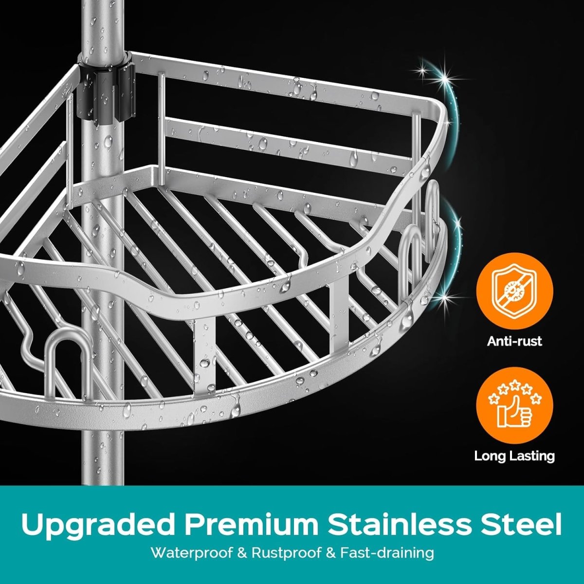 HAMITOR Corner Shower Caddy Tension Pole: Rustproof 4 - Tier Bathroom Organizer Shelves for Bathtub Shampoo Storage - 47 - 121 Inch Quick Install Adjustable Rod Standing Rack with Soap Rack - Silver Gray - Homesidy.com