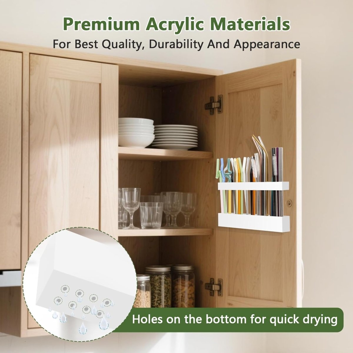 Malldii 9.5” Large Acrylic Straw Holder for Cabinet Door - Reusable Tumbler Straw Organizer Storage, Small Kitchen Accessories Container, Ultra Sticky Cupboard Door Mounted (Transparent) - Homesidy.com