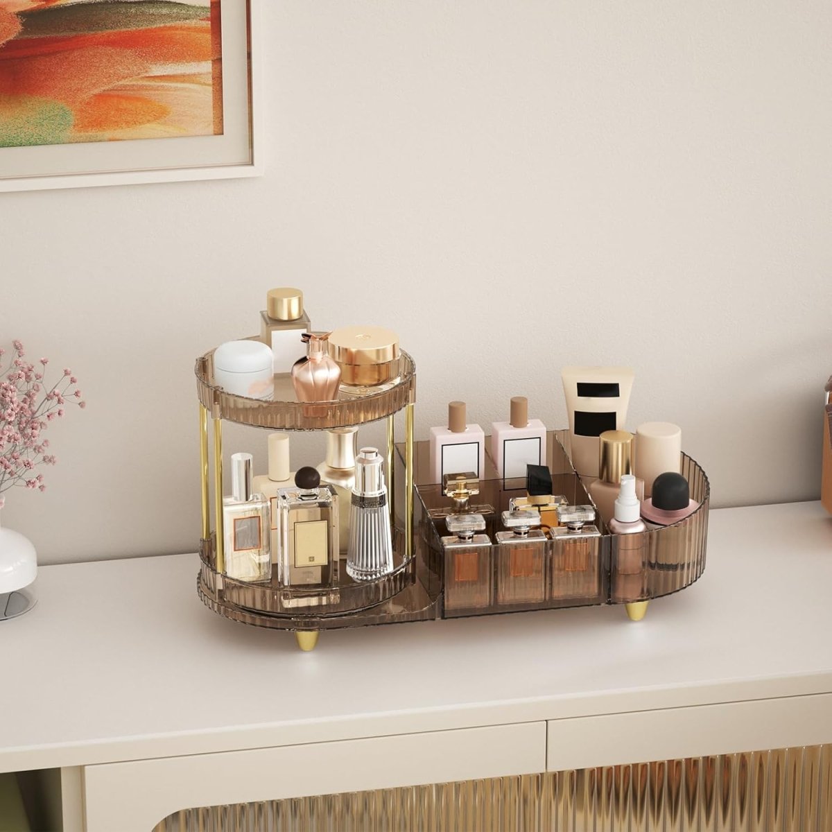 Makeup Organizer Countertop for Vanity, Rotating Perfume Tray with 5 - compartment Cosmetic and Skincare Organizers, Multi - Purpose Desk Storage Makeup Brush Holder for Bathroom Bedroom Counter - Homesidy.com