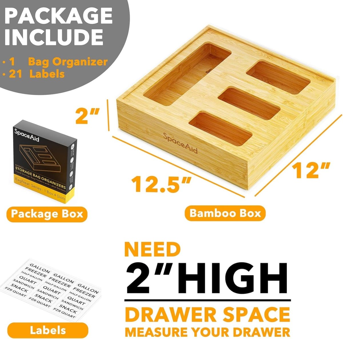 SpaceAid Bag Storage Organizer for Kitchen Drawer, Bamboo Organizer, Compatible with Gallon, Quart, Sandwich and Snack Variety Size Bag (1 Box 4 Slots) - Homesidy.com