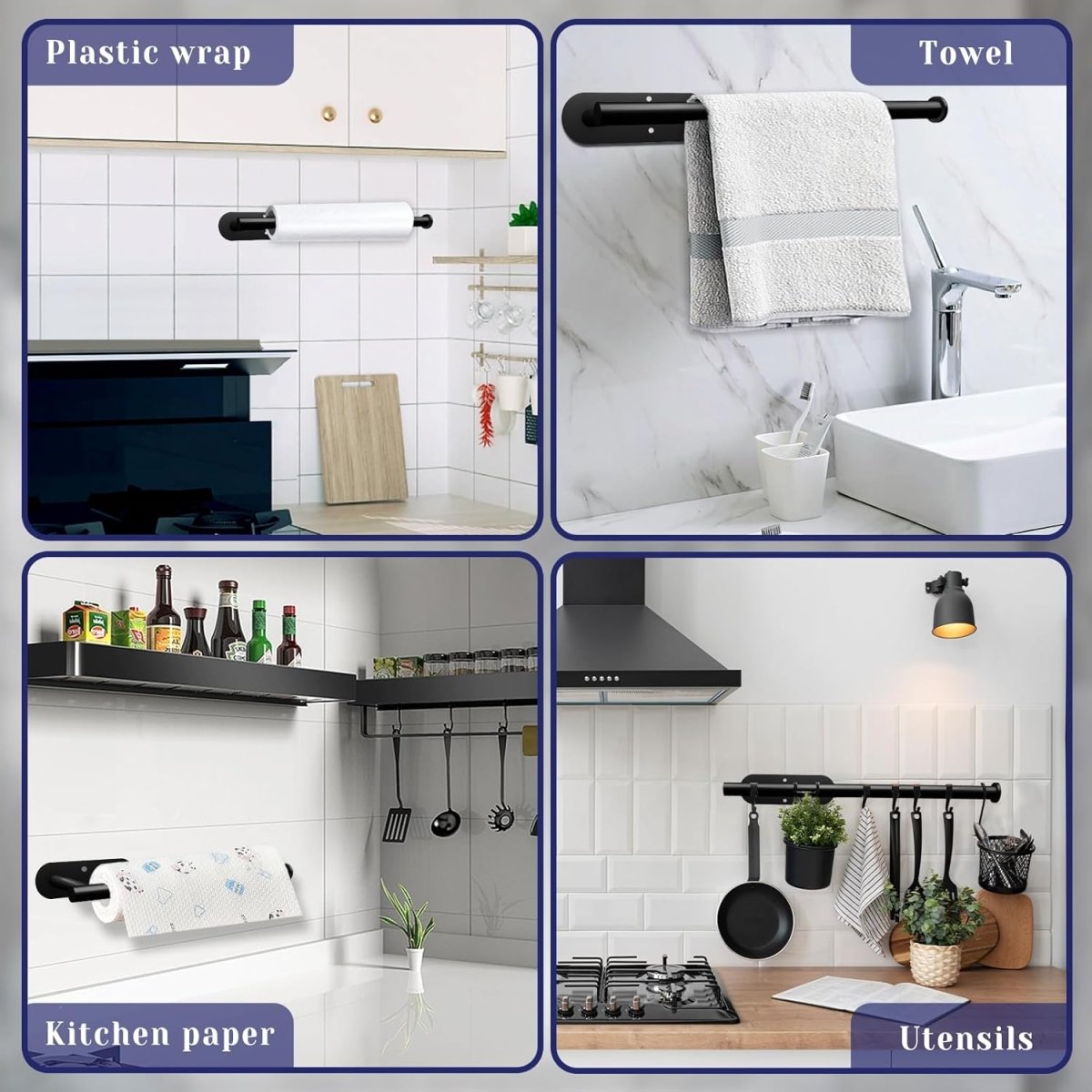 Paper Towel Holder, Self Adhesive or Drilling Paper Towel Holder Under Cabinet, Stainless Steel Black Paper Towel Holders Wall Mount for Kitchen, Bathroom, Sink, Pantry, Fridge - Homesidy.com