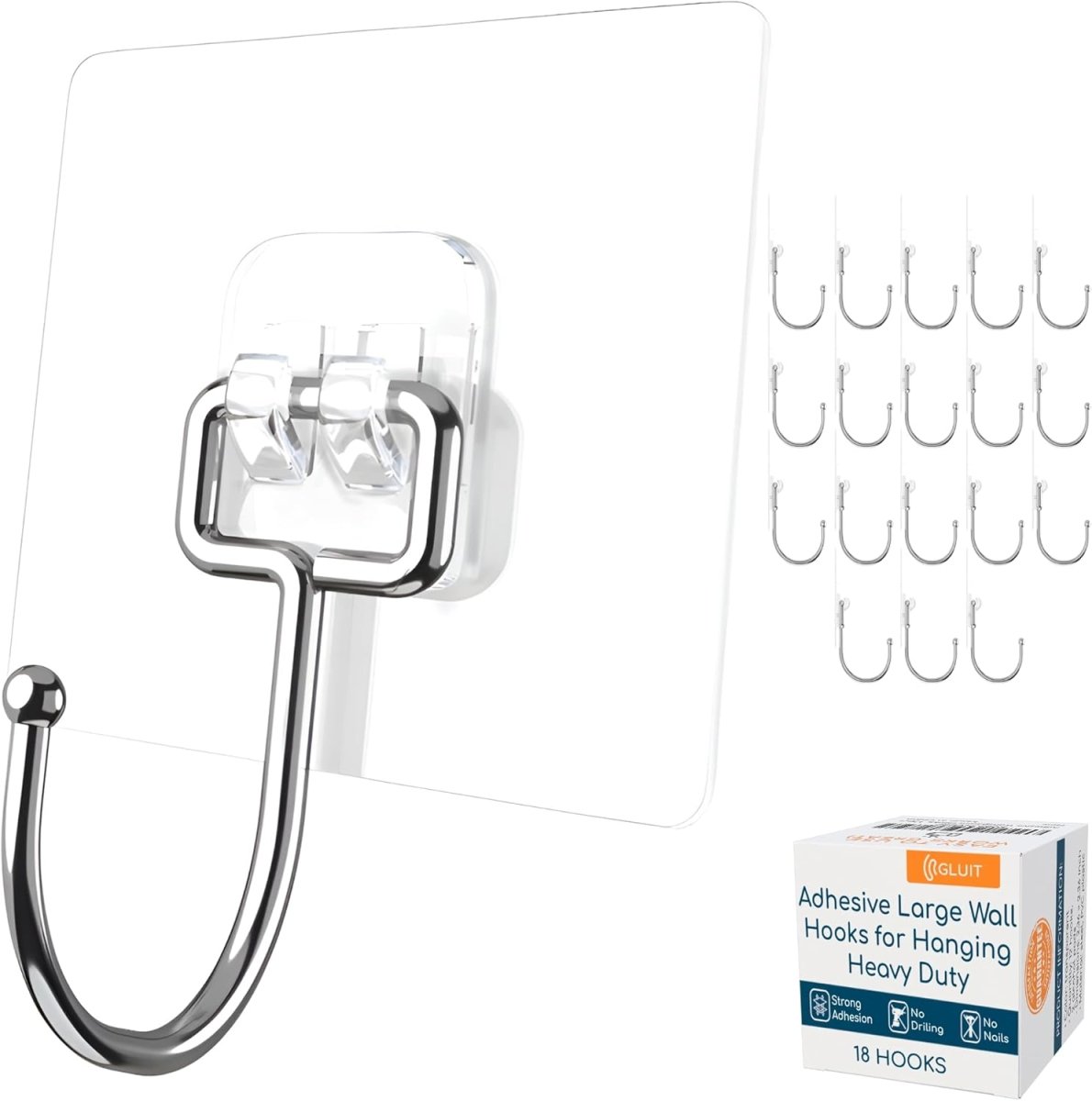 GLUIT Adhesive Wall Hooks for Hanging Heavy Duty 22 lbs Hooks for Walls No Damage, Towel Sticky Clear Hook, Waterproof, Home, Bathroom, Kitchen, Office, and Outdoor 12 Pack - Homesidy.com