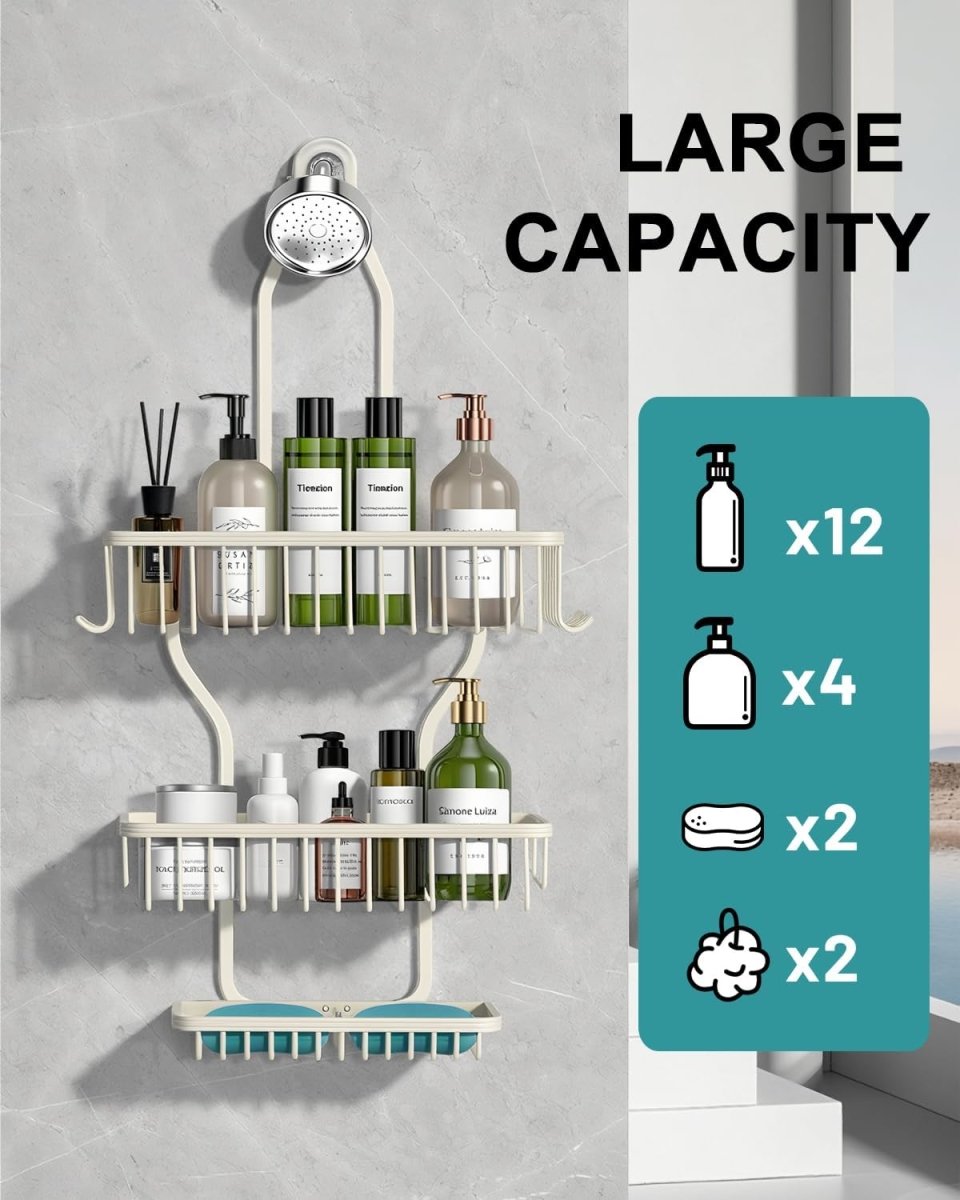 MSAICOE Shower Caddy Hanging - Never Rust Shower Hanging Organizer - Aluminum Over the ShowerHead Caddy with Soap Basket and 6 Hooks for Razor/Sponge (Black) - Homesidy.com
