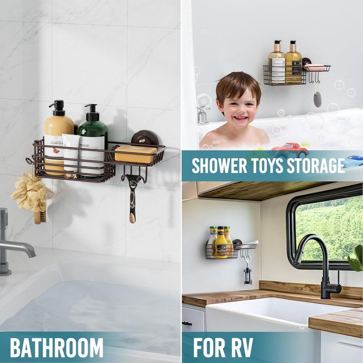 TAILI Shower Caddy Suction Cup 2 Pack with Hooks &amp; Soap holder, Heavy Duty Shower Organizer for Bathroom, No Drilling Bathroom Organizer with Large Capacity, Black Metal Storage Basket - Homesidy.com