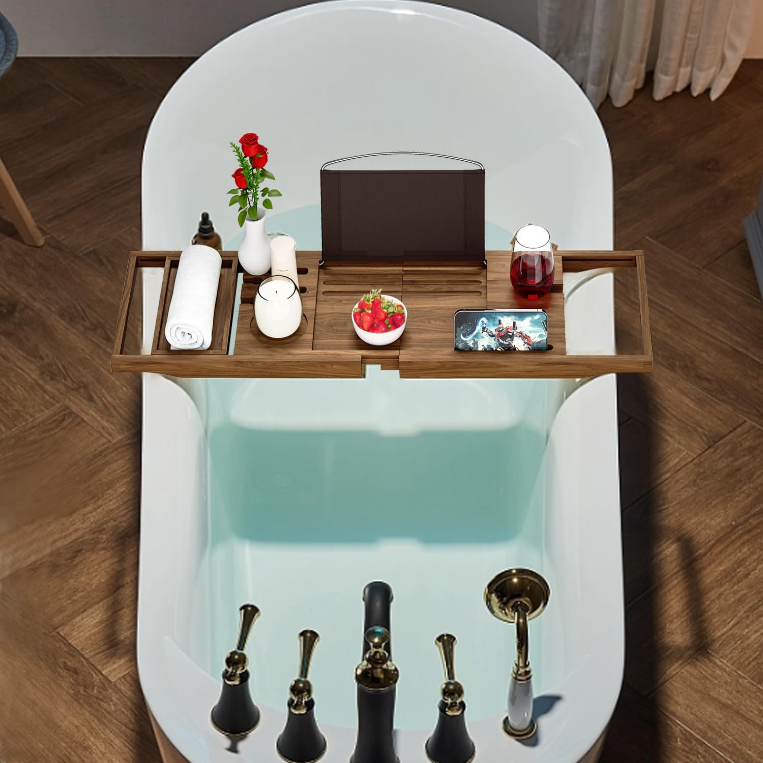 Premium Bamboo Bathtub Tray Caddy - Bath Tub Tray Table for Bathtub - Bath Caddy Tray for Bathtub, Expandable Size, Fits Most Bath Tubs - Homesidy.com