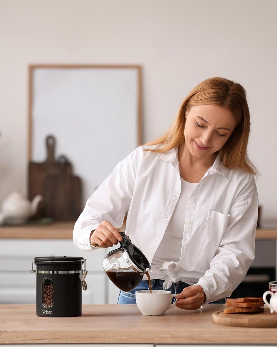 Veken Coffee Canister with Window,Airtight Stainless Steel Pantry Container,Home Kitchen Food Storage Organizers for Ground,Beans,Espresso,Rice,Tea,Sugar,Cereal, Flour,Bar Accessories,Gifts,22OZ,Black - Homesidy.com