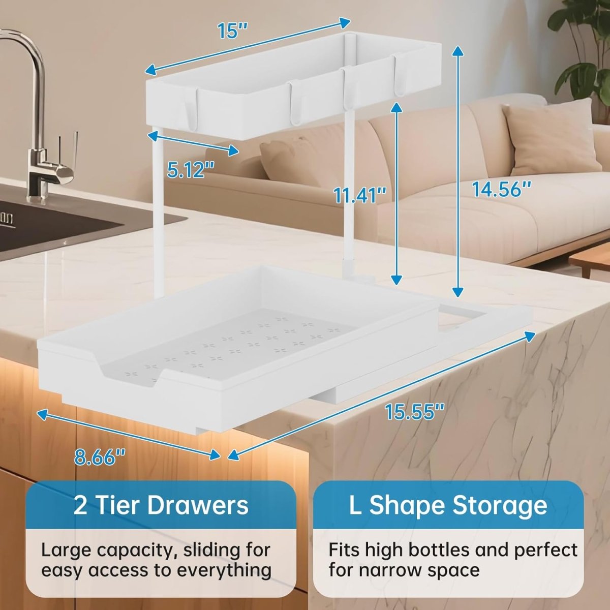 2 Pack Under Sink Organizer 2 Tier Sliding Cabinet Organizers Multi - Purpose Sink Storage Basket L - Shape Narrow Space Storage Shelves with 4 Hook for Kitchen Bathroom Drawer, Black - Homesidy.com
