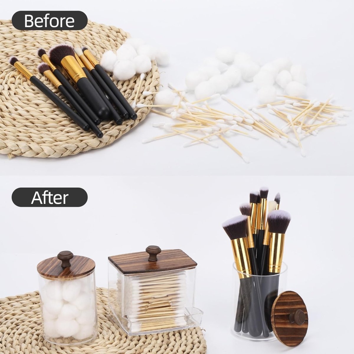 Tbestmax Qtips Holder Bathroom Container, 10 OZ Cotton Ball/Swabs Dispenser, Apothecary Jar Organizer for Storage Brown Wood Lids - Homesidy.com