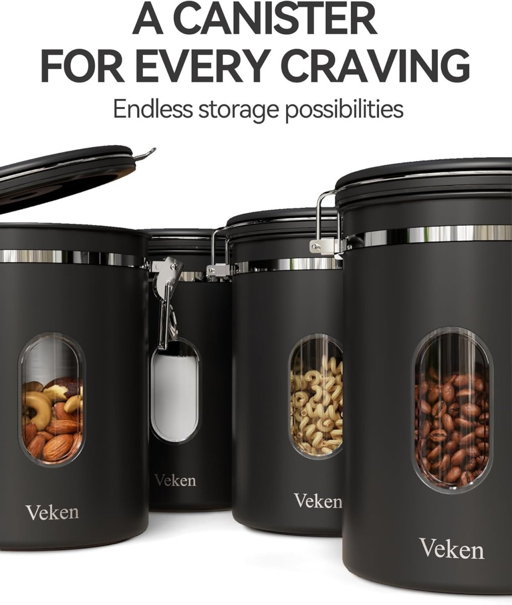 Veken Coffee Canister with Window,Airtight Stainless Steel Pantry Container,Home Kitchen Food Storage Organizers for Ground,Beans,Espresso,Rice,Tea,Sugar,Cereal, Flour,Bar Accessories,Gifts,22OZ,Black - Homesidy.com