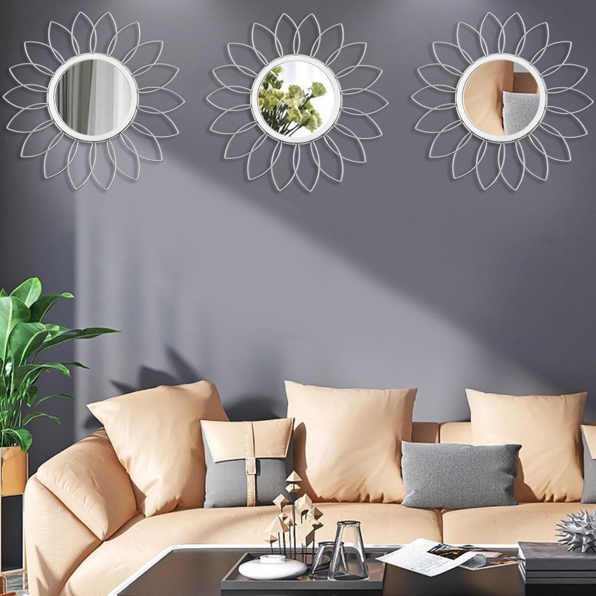 3 Pack Metal Mirrors for Wall Sunburst Wall Mirrors Home Décor Decorative Hanging Wall Art for Living Room Bedroom Entryway (Gold, Flower Sunburst) - Homesidy.com