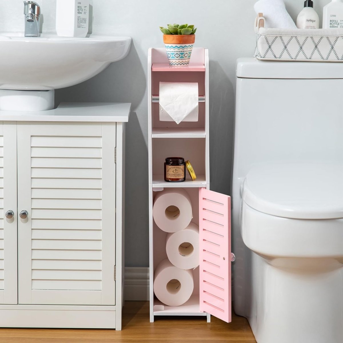 AOJEZOR Toilet Paper Holder Stand: No Drill PVC Small Bathroom Cabinet for Apartment Dwellers - Rental Deposit Protection - Small Space Storage Saving - Homesidy.com