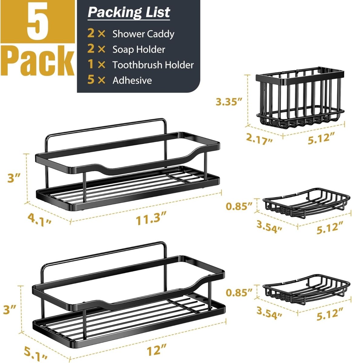 OMAIRA 3 - Pack Shower Caddy with Soap Holder, Adhesive Rustproof No - drill Strudy Loading Inside Shower Organizer Shelves Rack Storage Bathroom Organization for Smooth Wall Glass Tile, Black (Large) - Homesidy.com