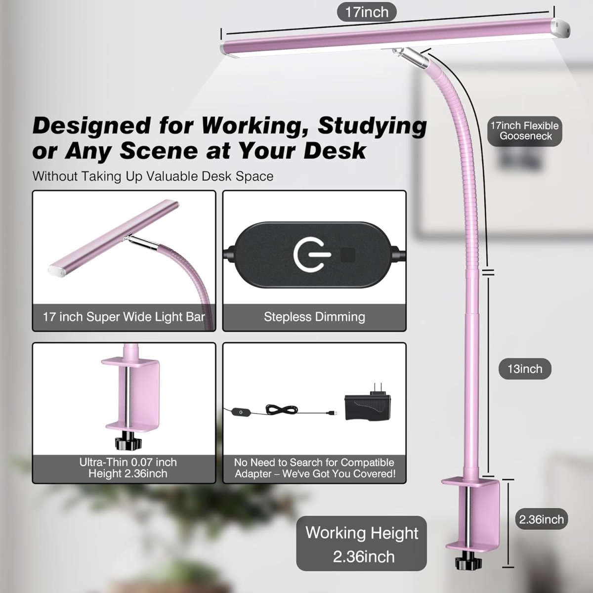 Airlonv LED Desk Lamp for Office Home, Eye - Caring Desk Light with Stepless Dimming Adjustable Flexible Gooseneck, 10W USB Adapter Desk Lamp with Clamp for Reading, Study, Workbench (Black) - Homesidy.com