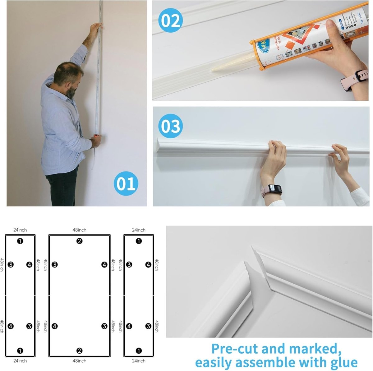 Art3d Pre - Cut Wall Molding Set of 6 pcs, Ready - to - Assemble Wainscoting Panels for Interior Wall Décor Living Room Bedroom Accent Wall - Installed with Glue, 3 Top 3 Bottom - Homesidy.com