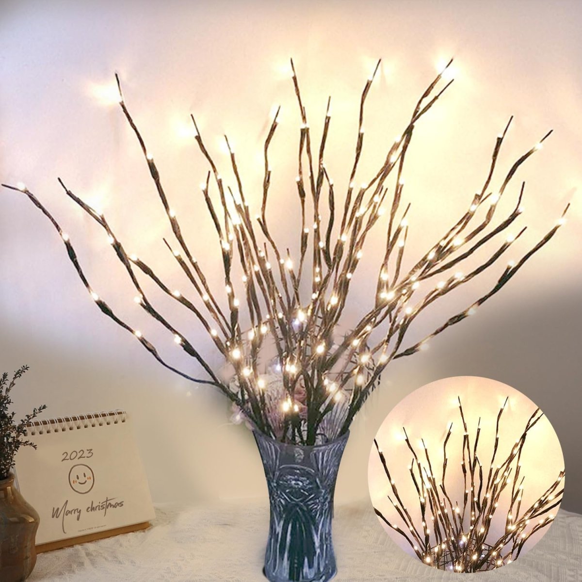 DK177 2 Pack Led Branch Light Battery Operated Lighted Branch Vase Filler Willow Tree Artificial Little Twig Power Brown 30 Inch 20 LED for Home Romantic Decoration, Warm White - Homesidy.com