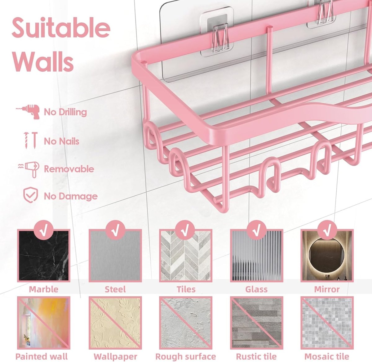 NESOMI Shower Caddy Adhesive Shower Organizer 7 - Pack, Rustproof Stainless Steel Bathroom Shelves, Large Capacity No - Drill Rack Storage Accessories with Soap Dish Toothbrush Holder &amp;24 Hooks Home Decor - Homesidy.com