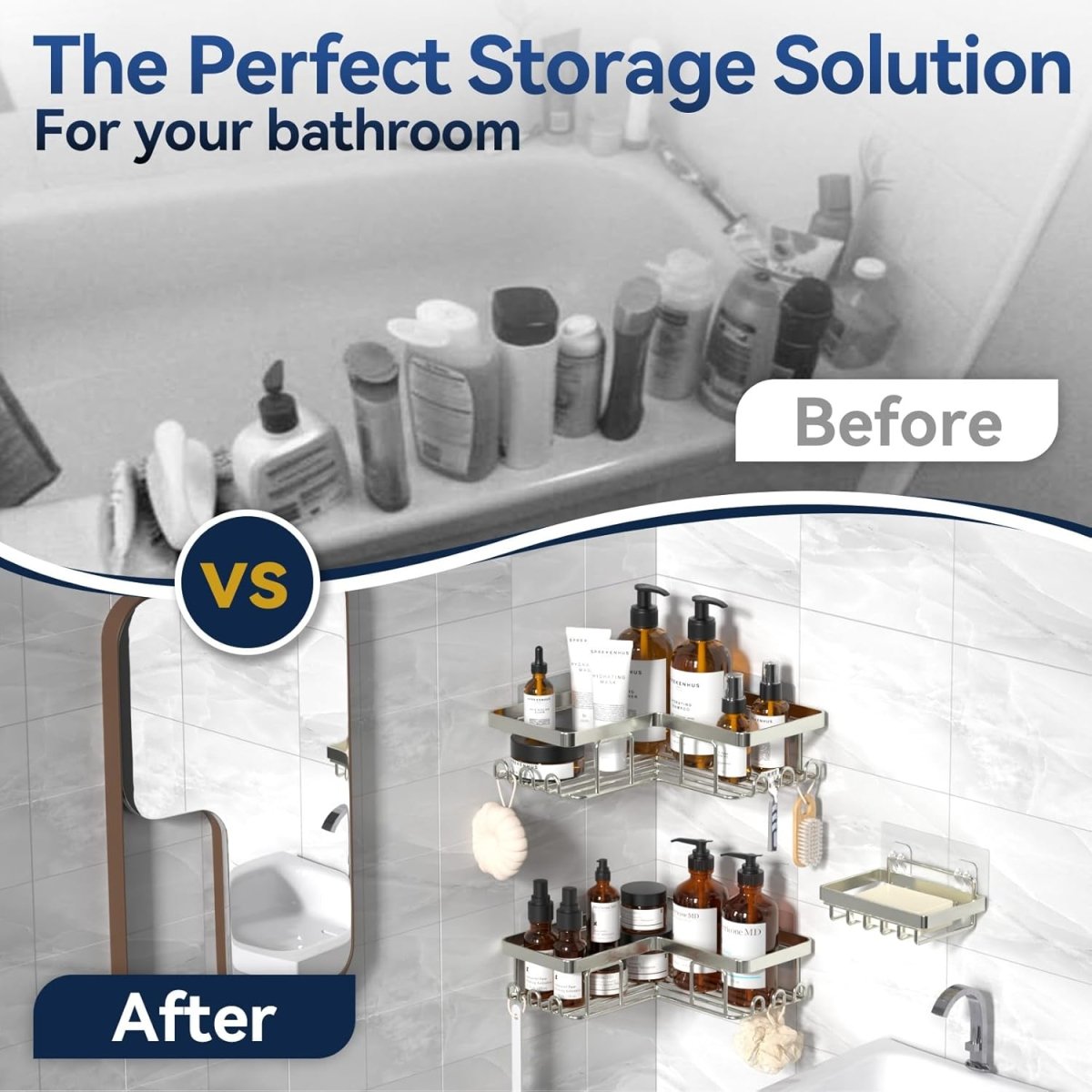 YASONIC Corner Adhesive Shower Caddy, with Soap Holder and 12 Hooks, Rustproof Stainless Steel Bathroom Organizer, No Drilling Wall Mounted Rack, Black, 3 - Pack - Homesidy.com