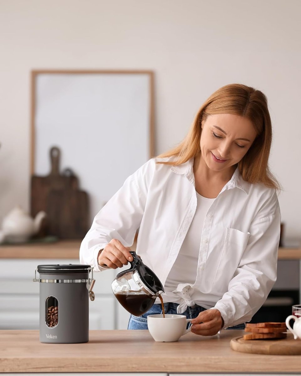 Veken Coffee Canister with Window,Airtight Stainless Steel Pantry Container,Home Kitchen Food Storage Organizers for Ground,Beans,Espresso,Rice,Tea,Sugar,Cereal, Flour,Bar Accessories,Gifts,22OZ,Black - Homesidy.com
