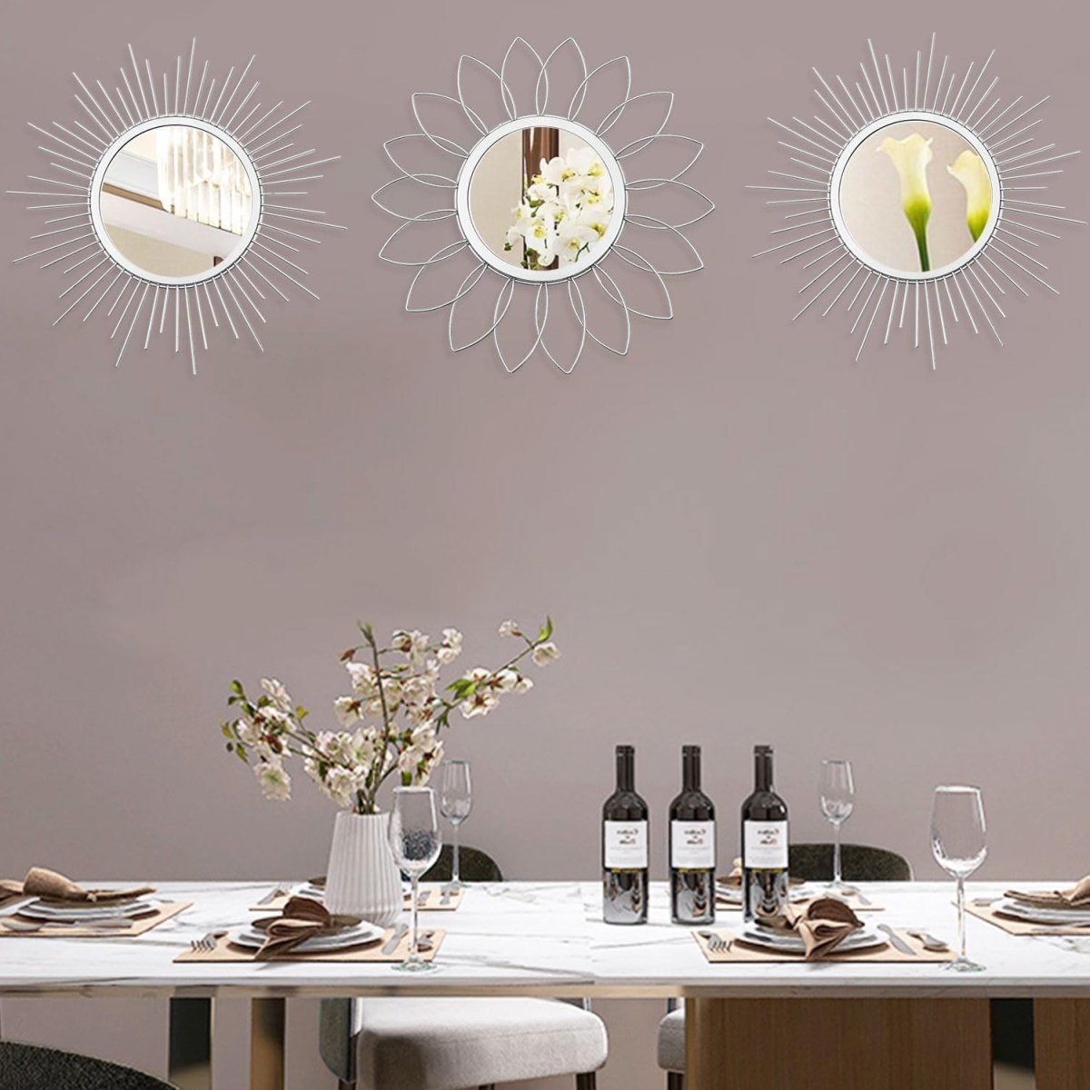 3 Pack Metal Mirrors for Wall Sunburst Wall Mirrors Home Décor Decorative Hanging Wall Art for Living Room Bedroom Entryway (Gold, Flower Sunburst) - Homesidy.com
