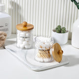 4 Pack Qtip Holder Dispenser with Bamboo Lids - 10 oz Clear Plastic Apothecary Jar Containers for Vanity Makeup Organizer Storage - Bathroom Accessories Set for Cotton Swab, Ball, Pads, Floss - Homesidy.com
