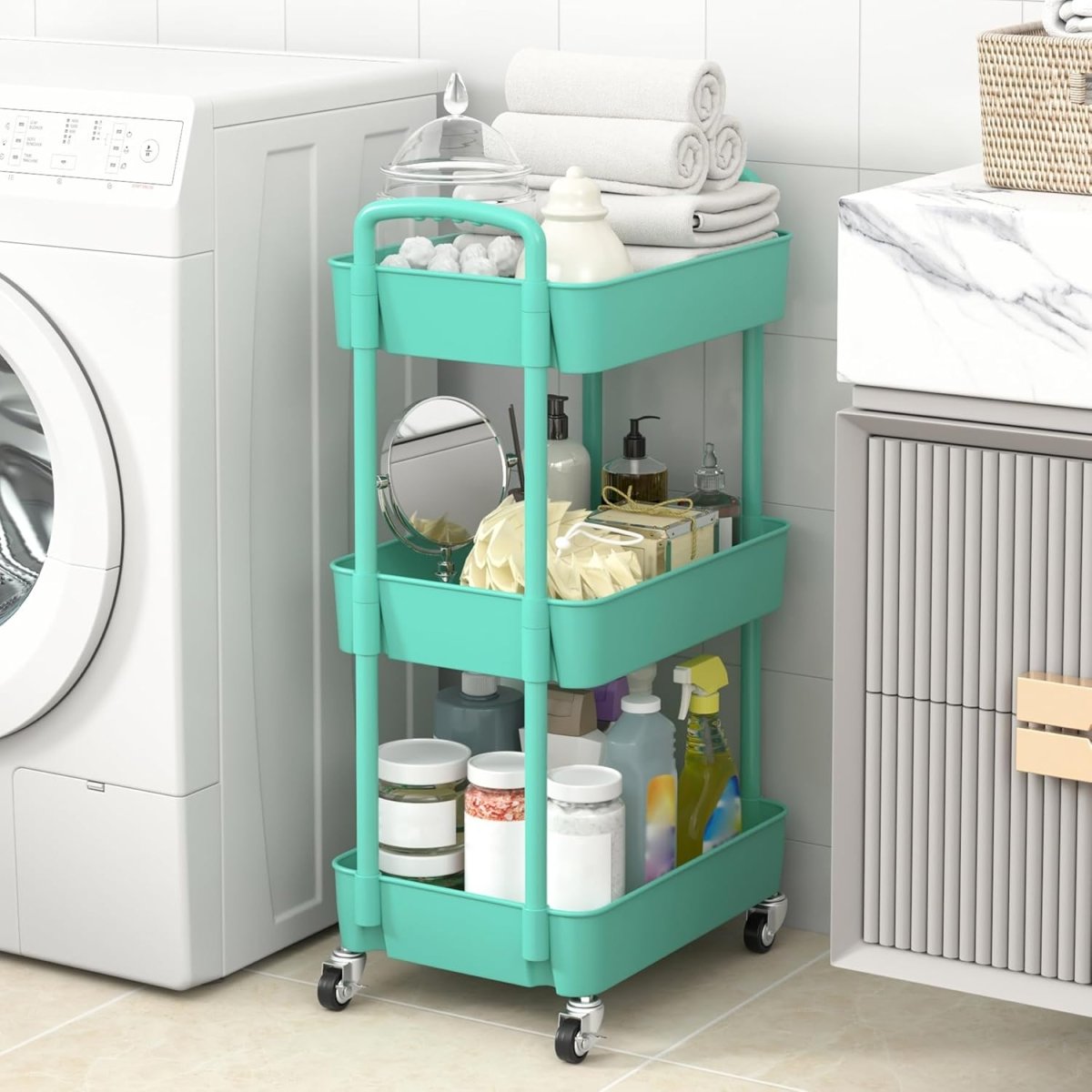 Sywhitta 3 - Tier Plastic Rolling Utility Cart with Handle, Multi - Functional Storage Trolley for Office, Living Room, Kitchen, Movable Storage Organizer with Wheels, White - Homesidy.com