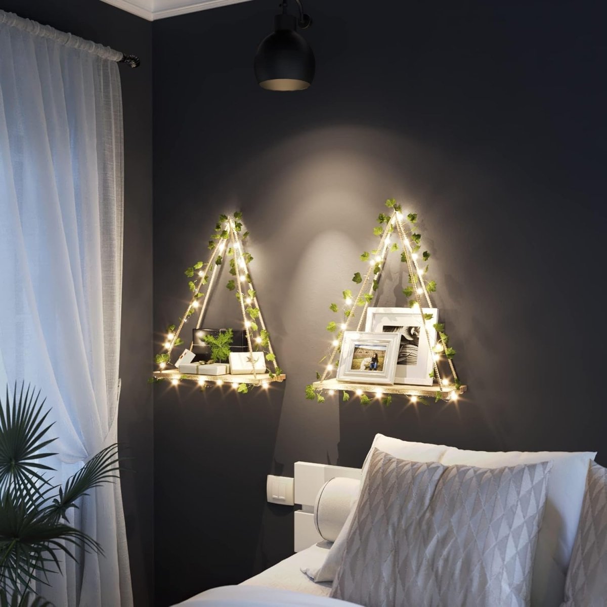 RICHER HOUSE Artificial Ivy LED - Strip Wall Hanging Shelves Set of 2, Macrame Shelf for Bedroom Living Room Kitchen, Wood Hanging Plant Shelves for Wall Décor, Thanksgiving &amp; Christmas Decorations - Homesidy.com