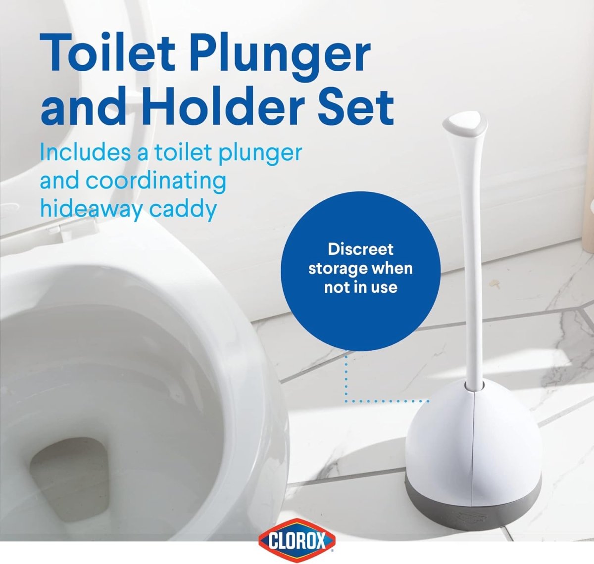 Clorox Toilet Plunger with Hideaway Caddy, Set of 2 – for Bathroom Organization and Storage, Bathroom Accessories, Toilet Unclogger, with Holder, White - Homesidy.com