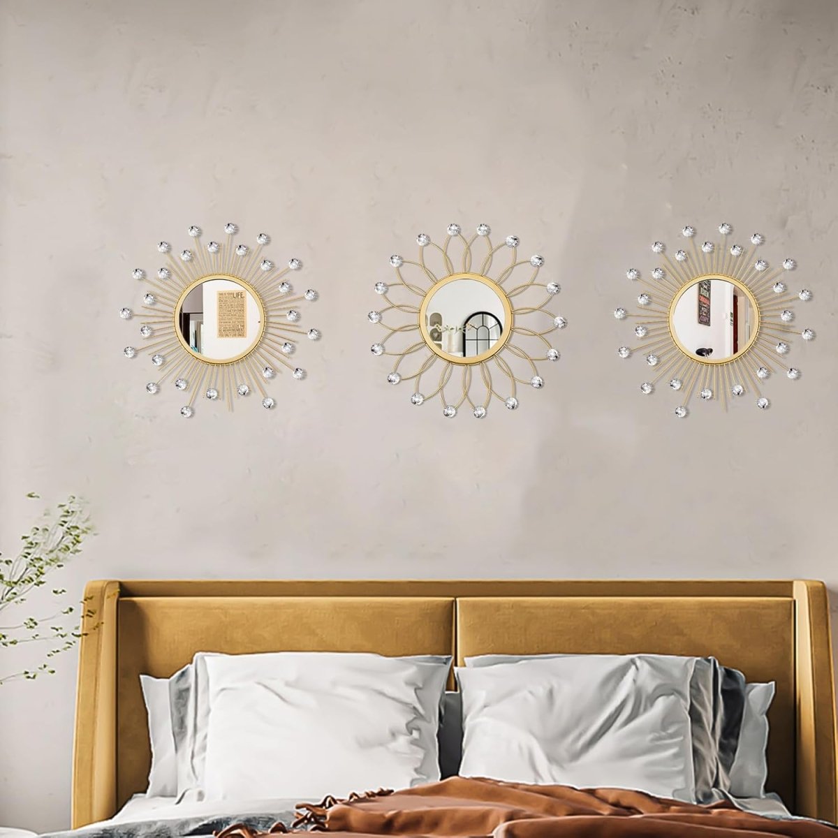 3 Pack Metal Mirrors for Wall Sunburst Wall Mirrors Home Décor Decorative Hanging Wall Art for Living Room Bedroom Entryway (Gold, Flower Sunburst) - Homesidy.com