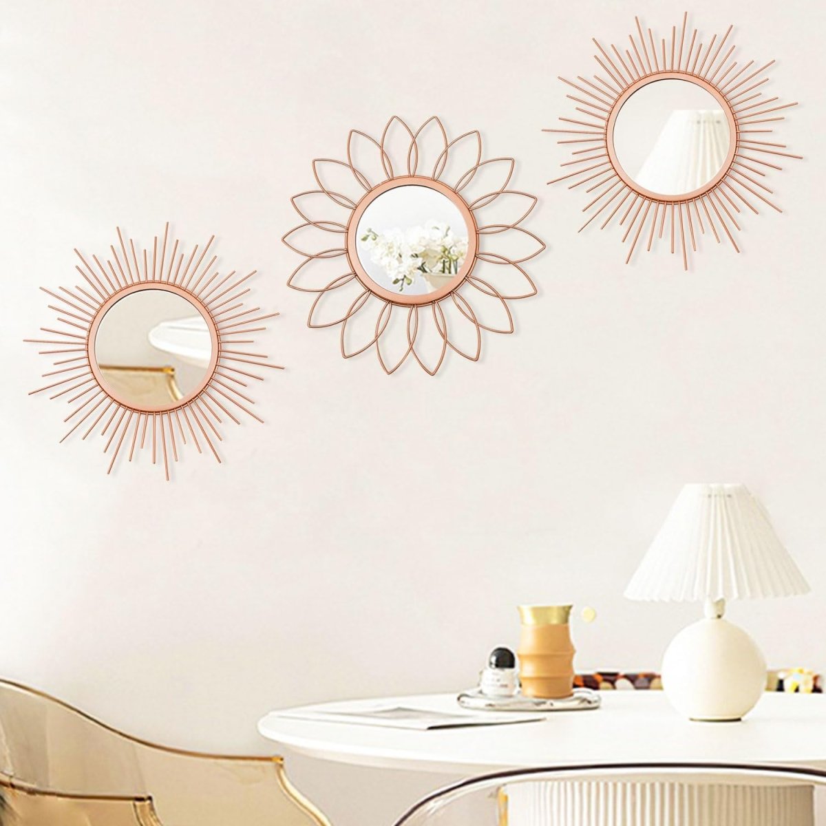 3 Pack Metal Mirrors for Wall Sunburst Wall Mirrors Home Décor Decorative Hanging Wall Art for Living Room Bedroom Entryway (Gold, Flower Sunburst) - Homesidy.com