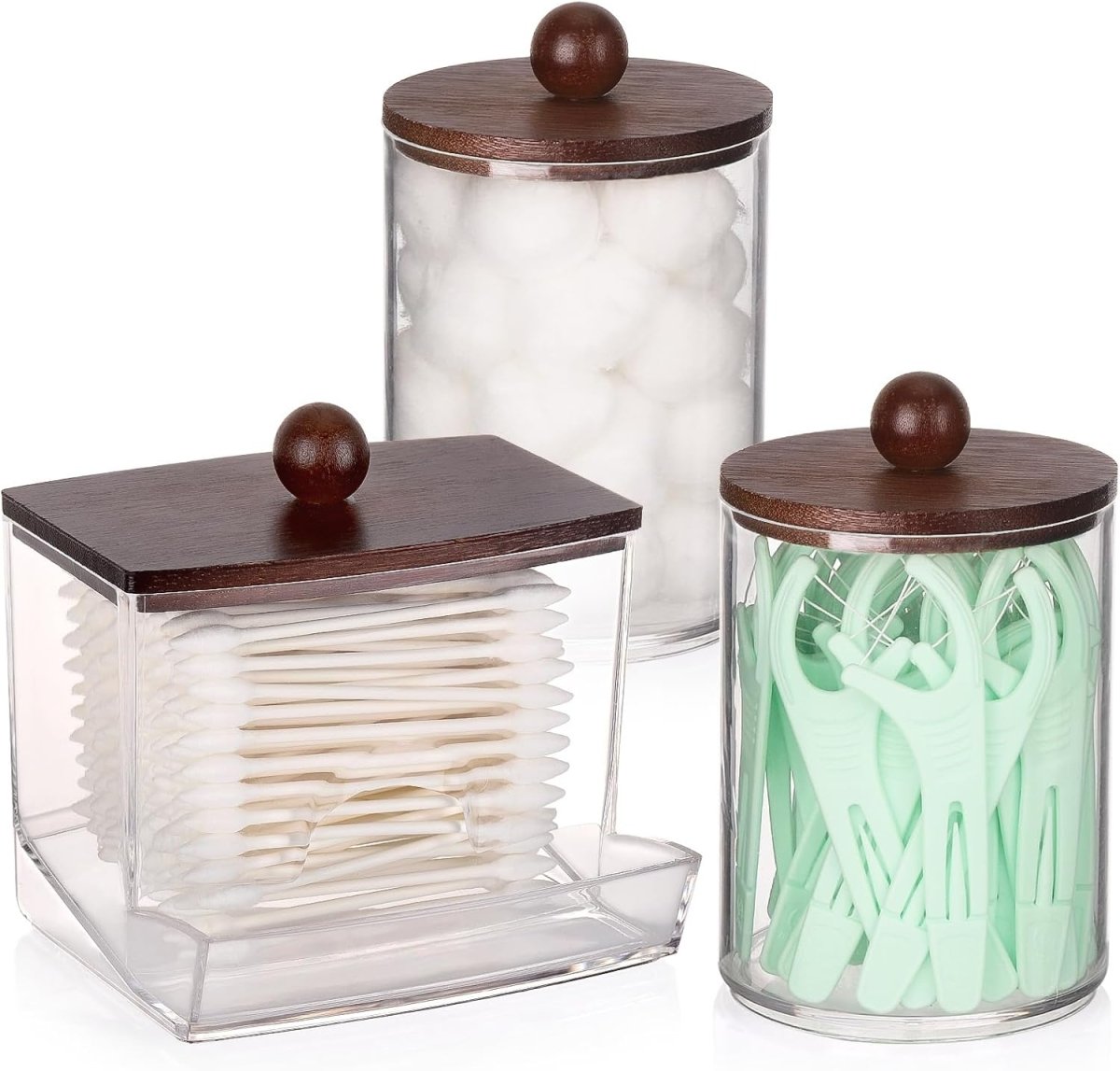 Tbestmax Qtips Holder Bathroom Container, 10 OZ Cotton Ball/Swabs Dispenser, Apothecary Jar Organizer for Storage Brown Wood Lids - Homesidy.com