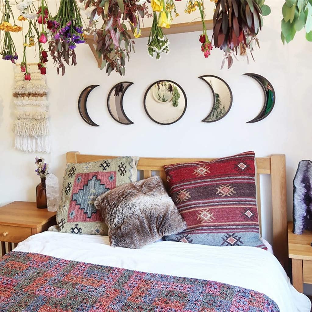Scandinavian Decor 5 - Piece Acrylic Wall Decor - Wooden Moon Phase Mirror, Bohemian Design for Living Room, Bedroom - Beige - Homesidy.com