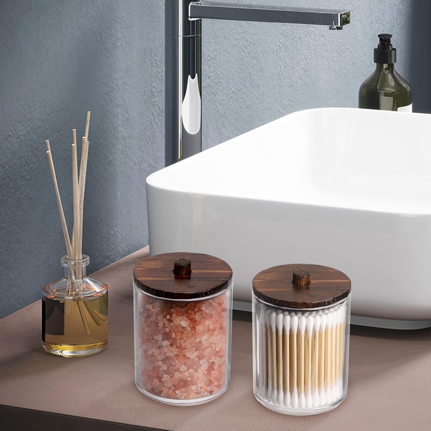 Tbestmax Qtips Holder Bathroom Container, 10 OZ Cotton Ball/Swabs Dispenser, Apothecary Jar Organizer for Storage Brown Wood Lids - Homesidy.com