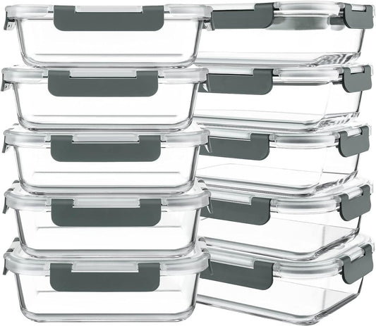 KOMUEE 10 Packs 30 oz Glass Meal Prep Containers,Glass Food Storage Containers with Lids,Airtight Lunch Bento Boxes,Microwave,Freezer and Dishwasher,Gray - Homesidy.com