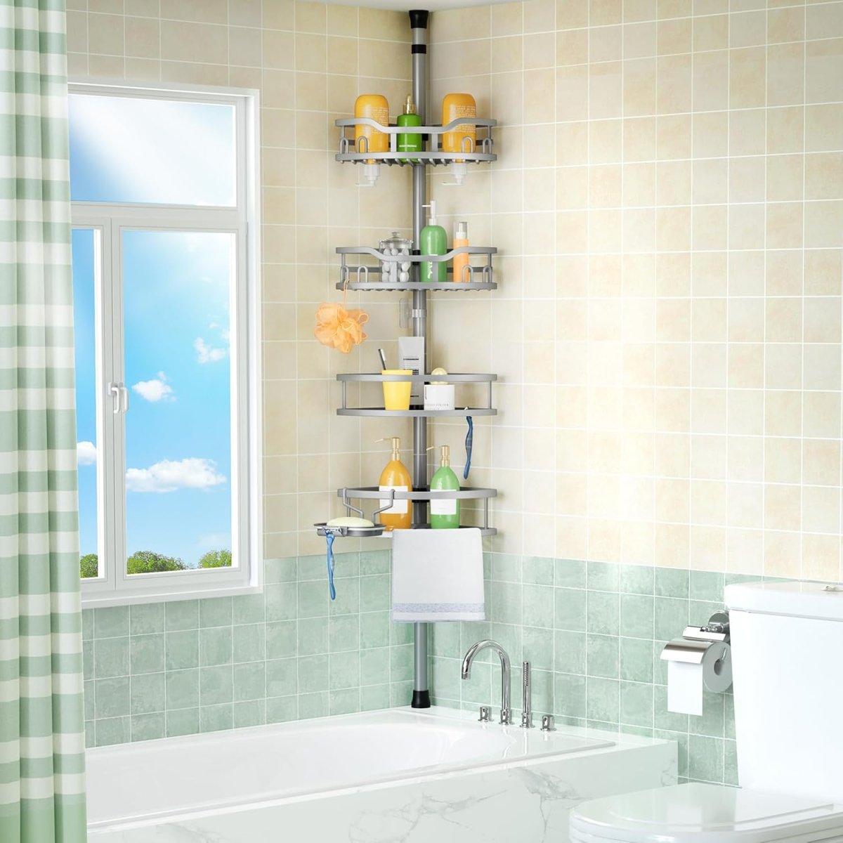 HAMITOR Corner Shower Caddy Tension Pole: Rustproof 4 - Tier Bathroom Organizer Shelves for Bathtub Shampoo Storage - 47 - 121 Inch Quick Install Adjustable Rod Standing Rack with Soap Rack - Silver Gray - Homesidy.com