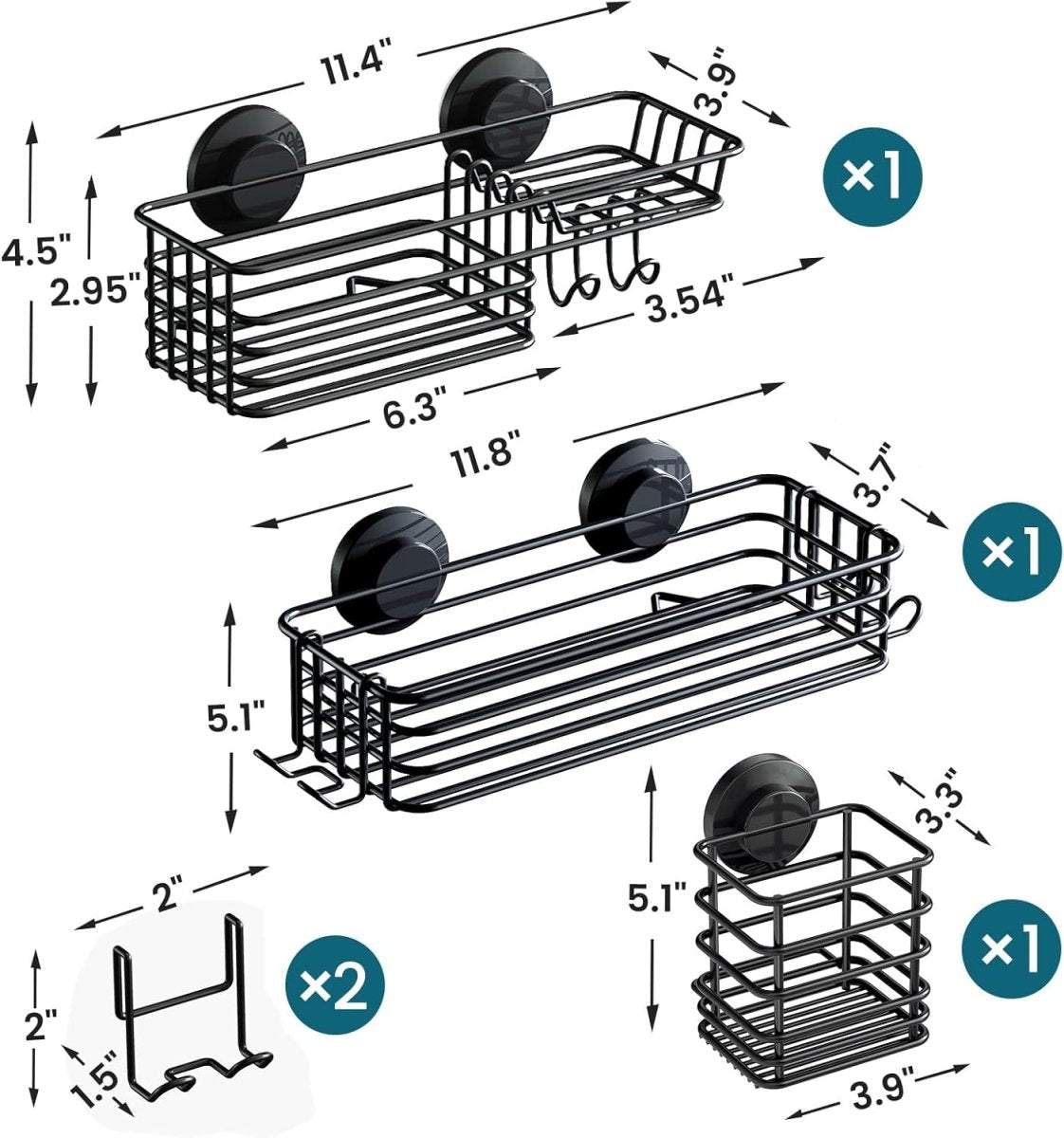 TAILI Shower Caddy Suction Cup 2 Pack with Hooks &amp; Soap holder, Heavy Duty Shower Organizer for Bathroom, No Drilling Bathroom Organizer with Large Capacity, Black Metal Storage Basket - Homesidy.com