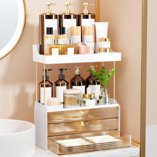 StorBin 3 Drawers Makeup Organizer - 5 Tier Bathroom Counter Organizers and Storage, Versatile Perfume Vanity Organizer, Ideal for Cosmetic, Large Skincare, Face Mask, Office Supplies, Amber - Homesidy.com