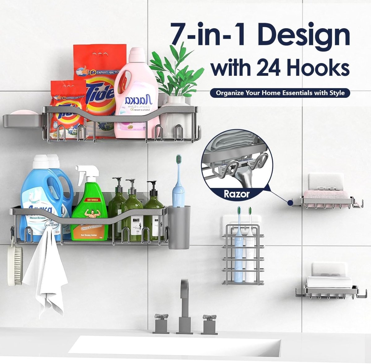 NESOMI Shower Caddy Adhesive Shower Organizer 7 - Pack, Rustproof Stainless Steel Bathroom Shelves, Large Capacity No - Drill Rack Storage Accessories with Soap Dish Toothbrush Holder &amp;24 Hooks Home Decor - Homesidy.com