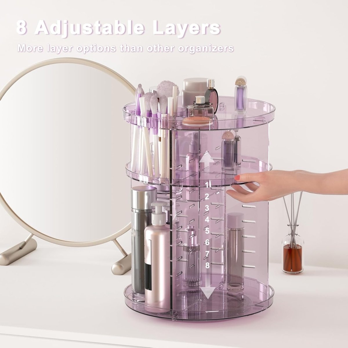 Rotating Makeup Organizer, DIY 8 Adjustable Layers Spinning Skincare Organizer, Cosmetic Display Case with Brush Holder Perfume Tray, Multi - Function Storage Carousel for Vanity Bathroom Countertop - Homesidy.com