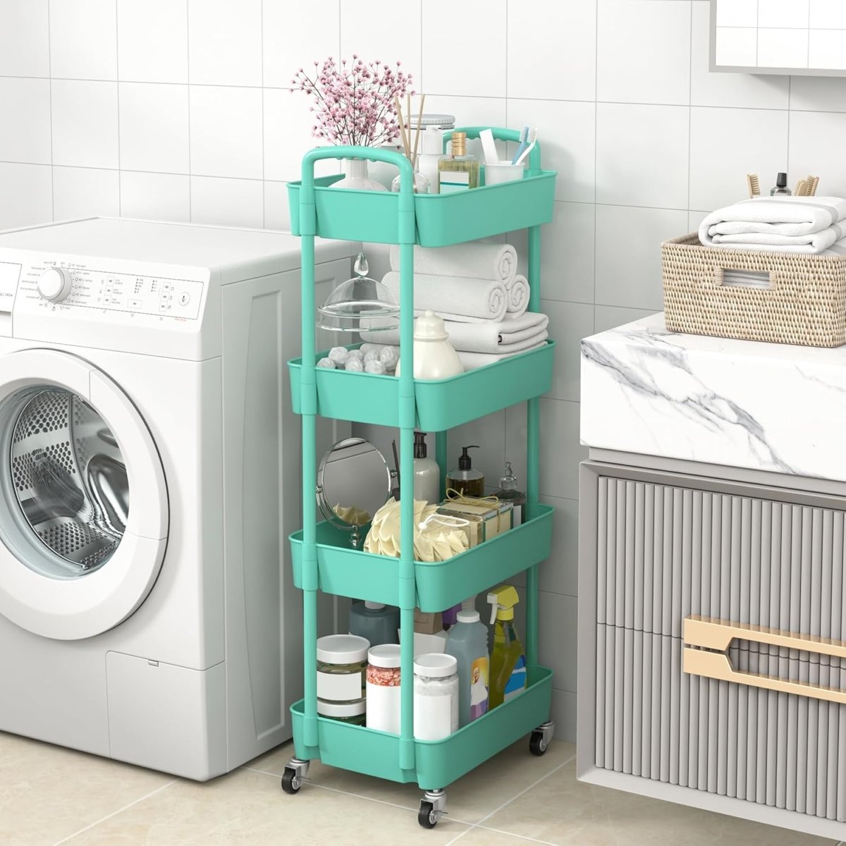 Sywhitta 3 - Tier Plastic Rolling Utility Cart with Handle, Multi - Functional Storage Trolley for Office, Living Room, Kitchen, Movable Storage Organizer with Wheels, White - Homesidy.com
